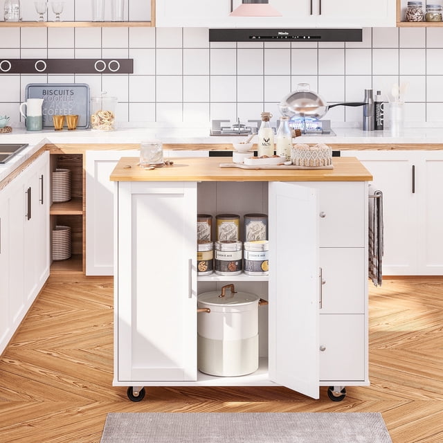 Walsunny Kitchen Island on Wheels with Storage Cabinet & 3 Drawer, 39.7" Width Rolling Kitchen Table, Cart Handle for Towel Rack or Free Mobility White