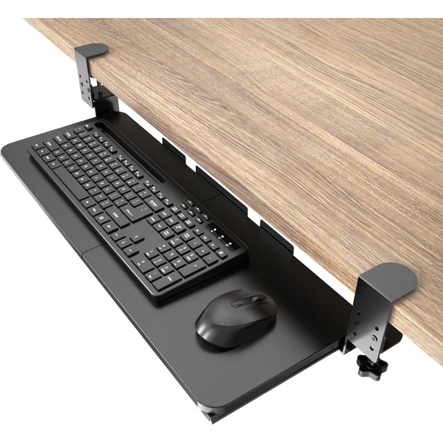Ergonomic Keyboard Tray Under Desk Pull Out with Adjustable C-Clamp Mount, Slide-Out Computer Keyboard and Mouse Platform Drawer for Office and Home Typing (Black)