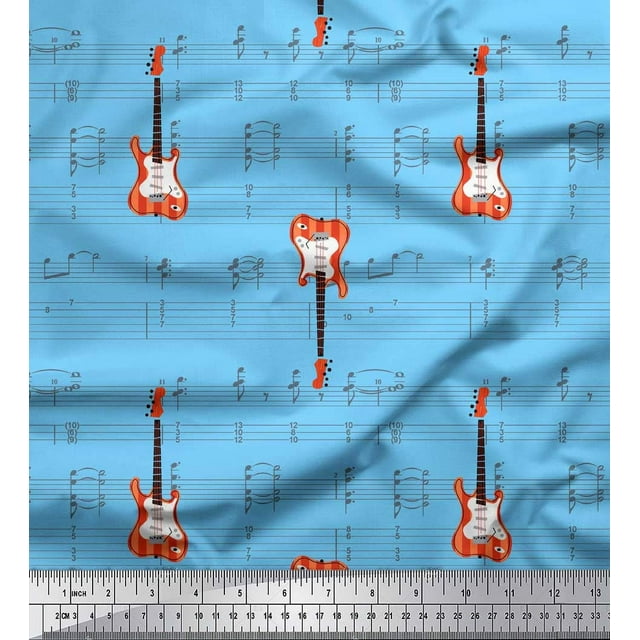 Soimoi Tissu Popeline Coton Bleu Notes & Guitare Instrument de Musique Imprimé Tissu au Mètre 56 Pouces de Large