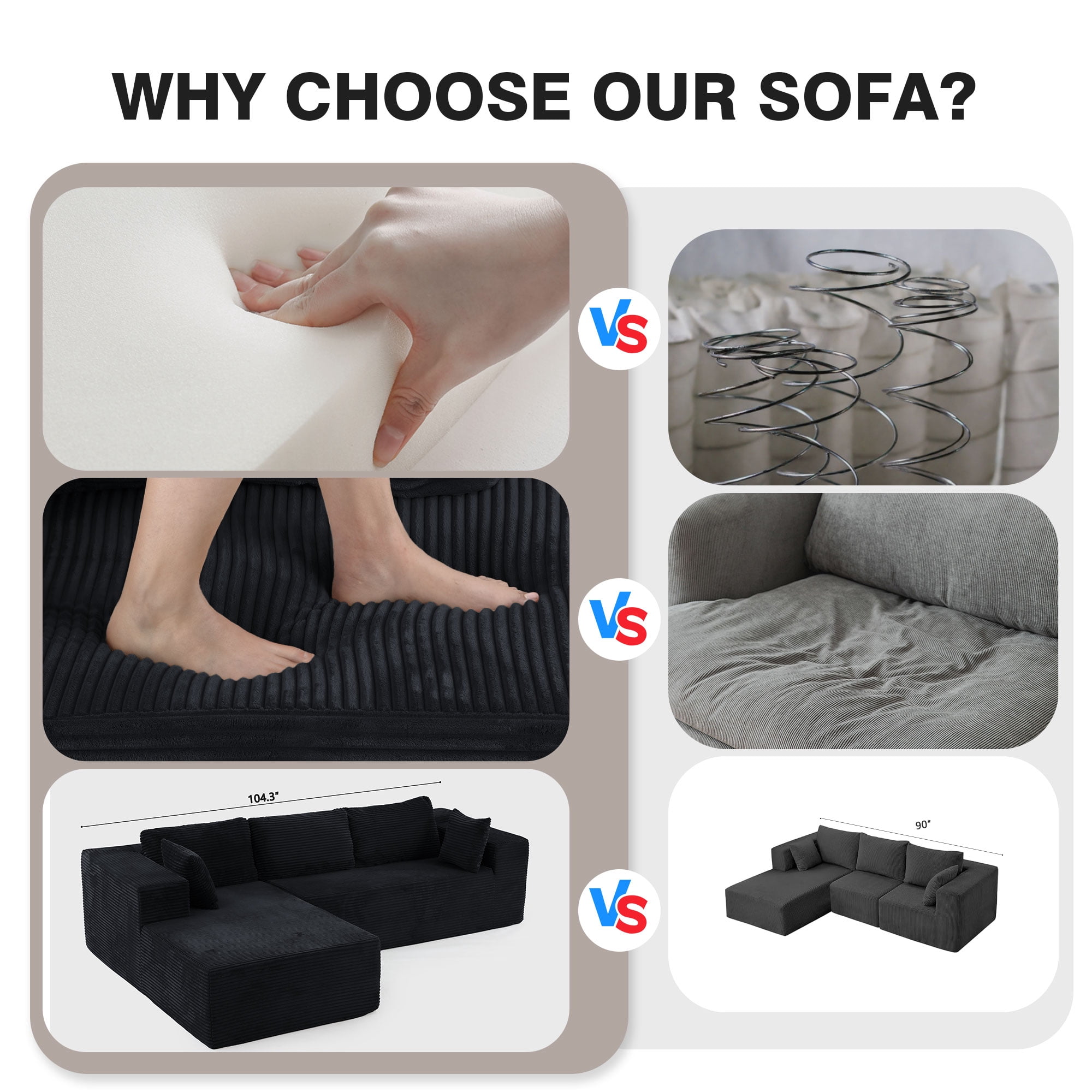 ROOMARK 104.3" L Shaped Sofa Modular, Corduroy Cloud Couches with Deep Seats &High-Back, Upholstered Couches for Living Room Bedroom with Chaise, No Assembly Required