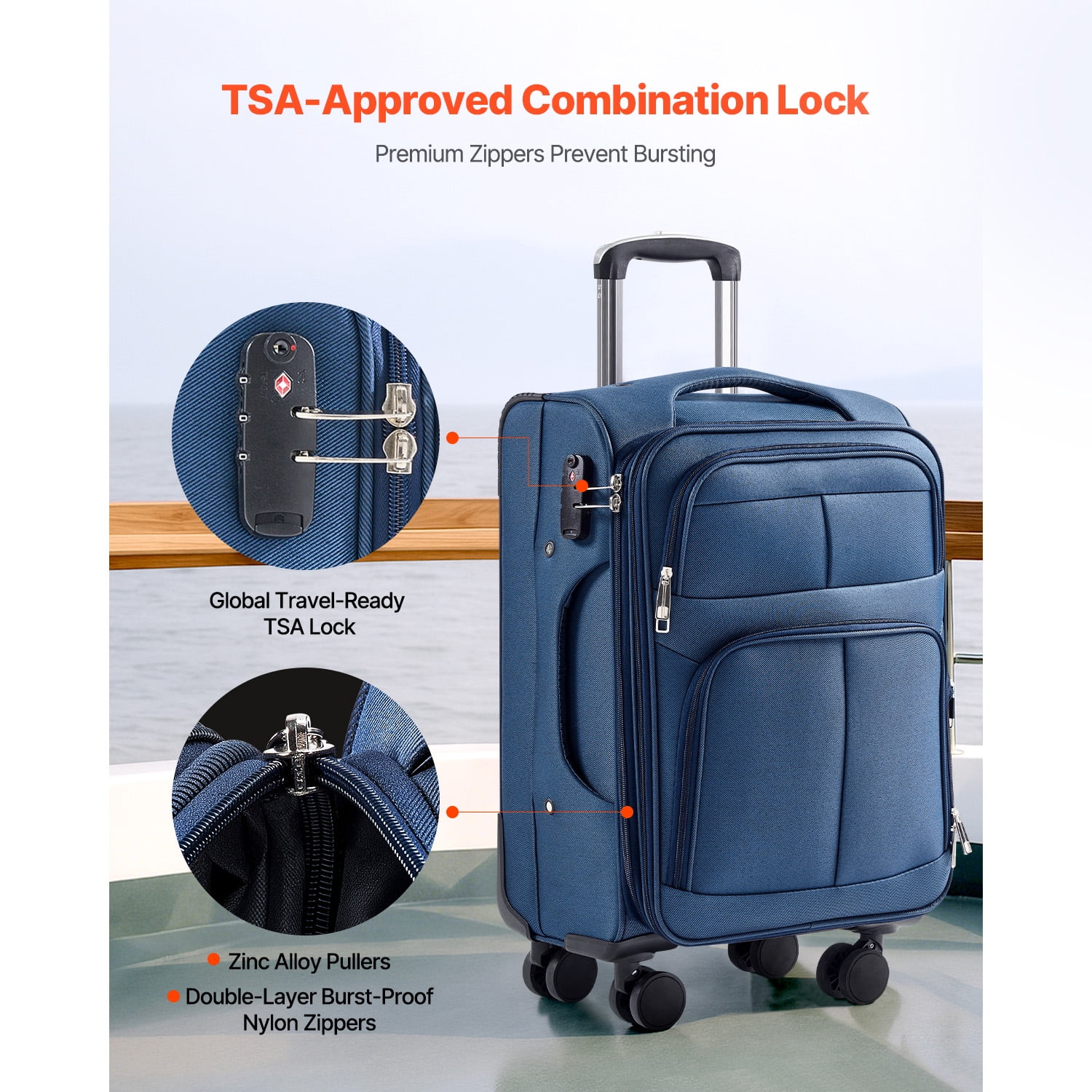 KFFKFF 20-Inch Expandable Softside Luggage with Spinner Wheels, Lightweight Carry-On Suitcase with TSA Lock and Extra Storage Pocket, Blue