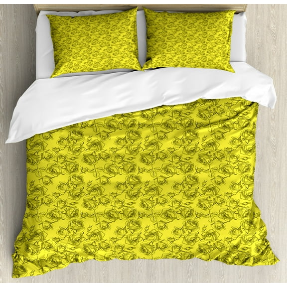 Botanical Duvet Cover Set Queen Size, Modernistic Monochrome Design Outline Sketchy Drawn Roses and Buds, Decorative 3 Piece Bedding Set with 2 Pillow Shams, Yellow and Charcoal Grey, by Ambesonne