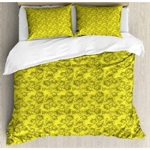 Botanical Duvet Cover Set Queen Size, Modernistic Monochrome Design Outline Sketchy Drawn Roses and Buds, Decorative 3 Piece Bedding Set with 2 Pillow Shams, Yellow and Charcoal Grey, by Ambesonne