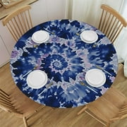 PIKWEEK Fitted Table Round Cover Elastic Edged Tablecloth,Blue Tie Dye Hippie Boho Art Circle Tables Cover Waterproof Wipeable Tabletop Protector Cloth for Dinner Party Retro Ethnic Pattern