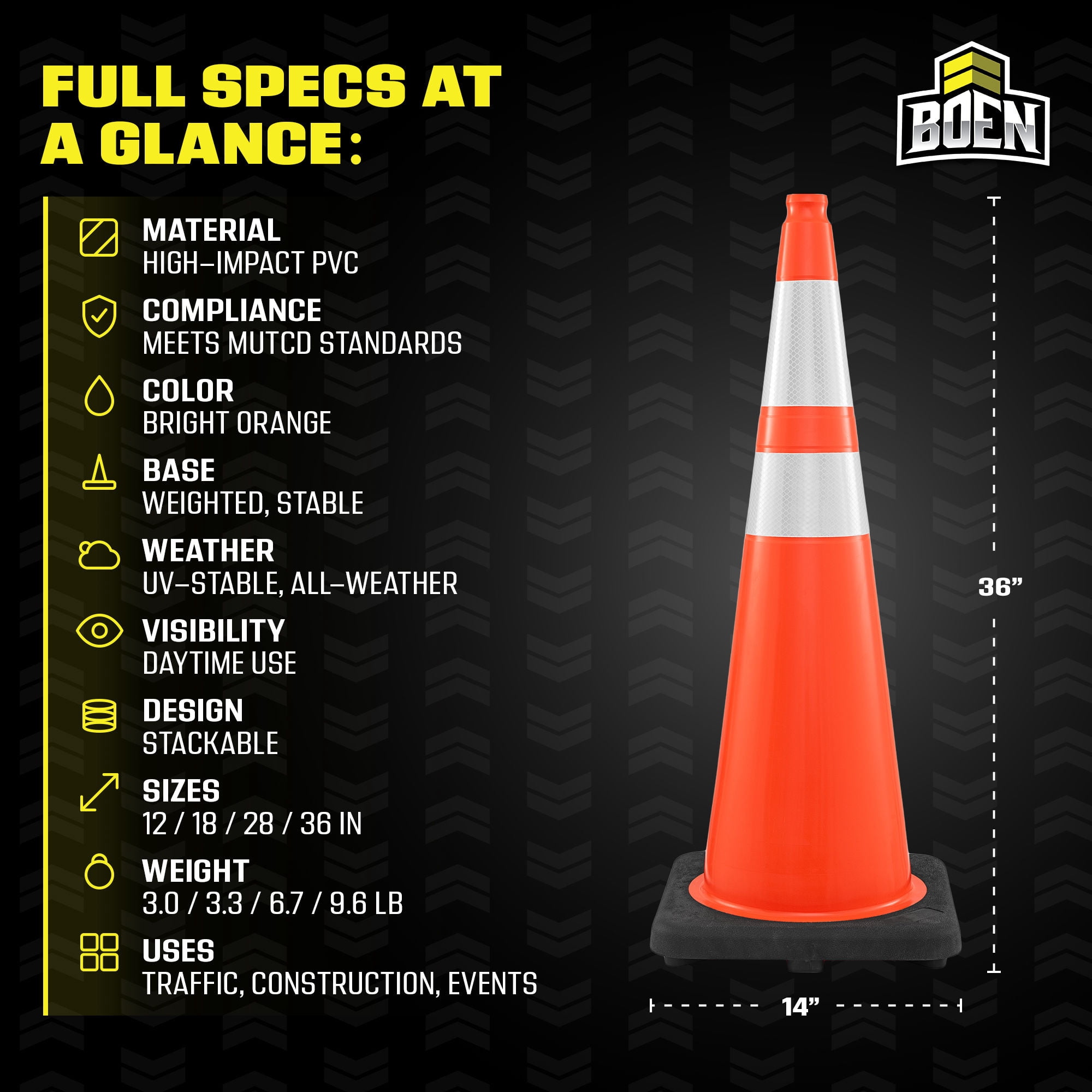 BOEN 36 in Orange Reflective Traffic Cones, 10 lb DOT MUTCD Road Safety, 6 Pack