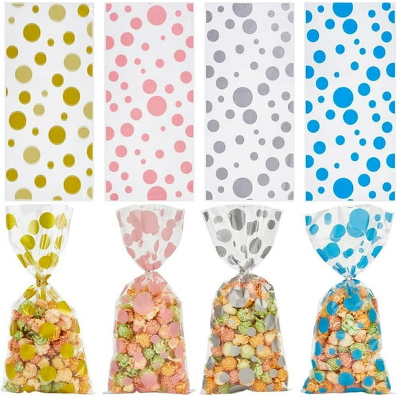 4 Styles 100PCS Polka Dots Goodie Bag Rainbow Cellophane Treat Bags Favor Twist Ties Plastic Clear Storage Cello Wrap