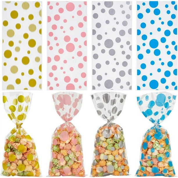 Bolsas de celofán con lunares, 4 estilos, 100 unidades, arcoíris, para regalos, lazos giratorios, plástico transparente, para guardar celofán