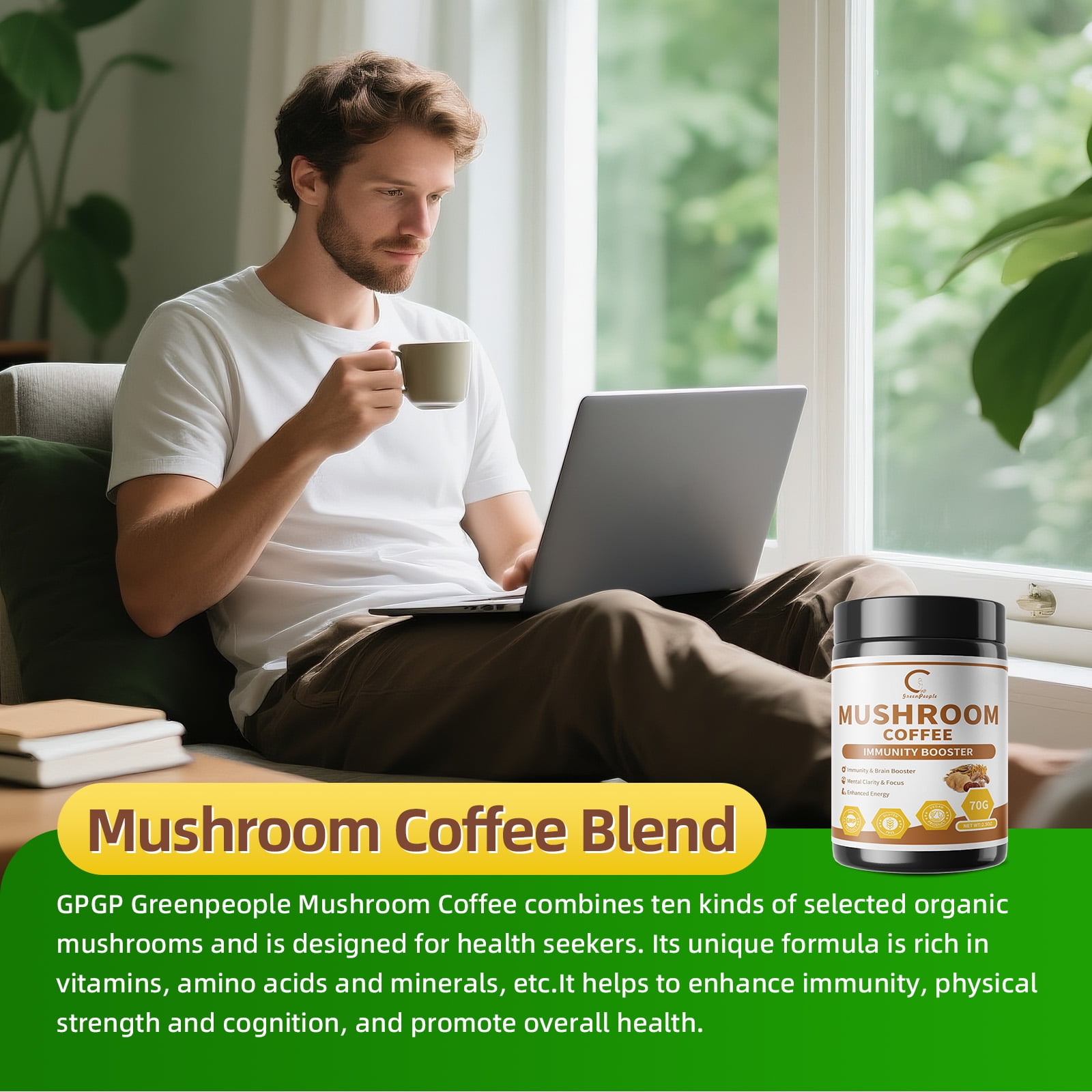 Mushroom Coffee Powder, Organic Instant Coffee, Mushroom Blend Complex Supplement for Focus & Memory,Brain, 2.5Oz(70g)