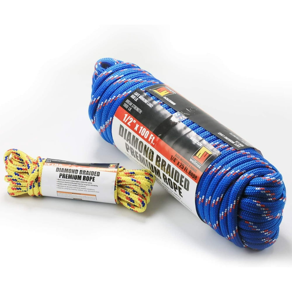 Wellmax Diamond Braid Nylon Rope, 1/2in X 100FT with Bonus 1/4in x25FT