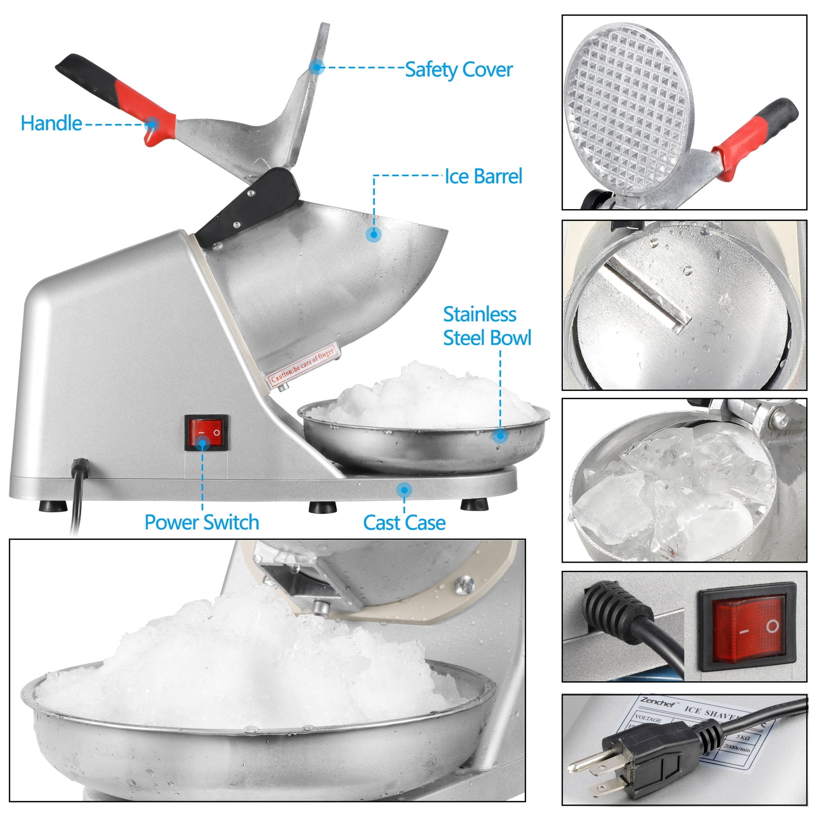 ZYPPP Electric Ice Shaver Machine 143 lbs/hr Snow Cone Maker Ice Crusher Shaved Ice
