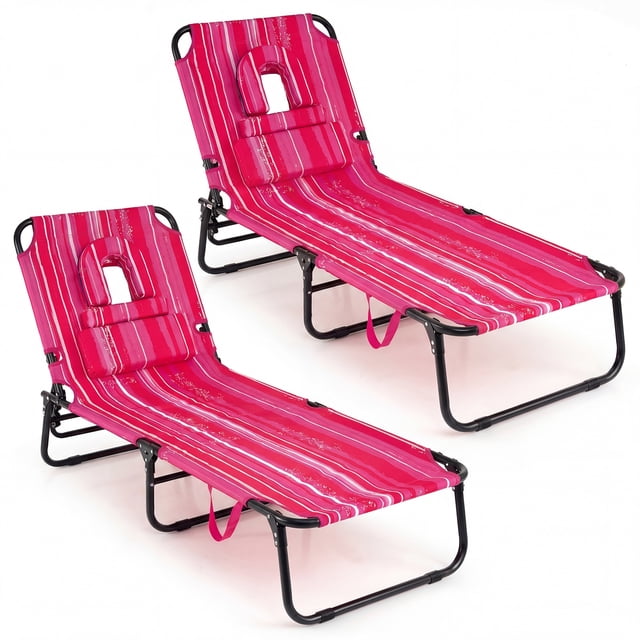 Gymax 2PCS Folding Beach Sun Lounger w/Face Hole Removable Pillows 4-Position Backrest