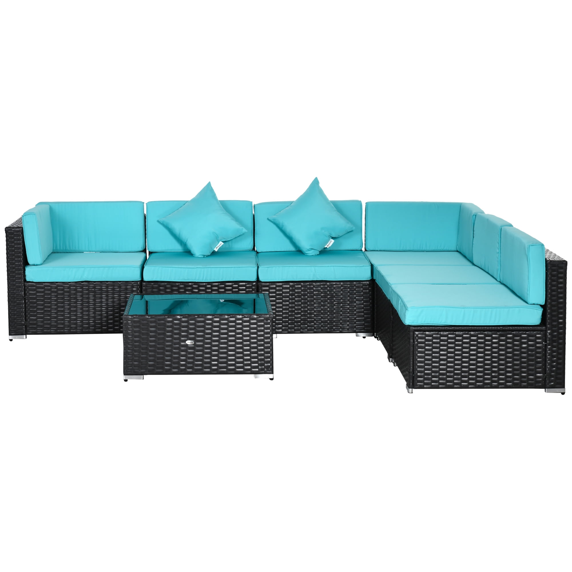 Outsunny 7 Piece Outdoor Patio Furniture Set, PE Rattan Wicker Sectional Sofa Set with Couch Cushions, Pillows, Coffee Table, Turqoise
