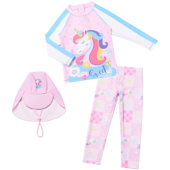 vigerkar Girls 3-Piece Swimsuit Long Sleeve Rash Guard Tankini Sets Sun Proction Bathing Suit 2-14Y (Pink, 5-6 Years)