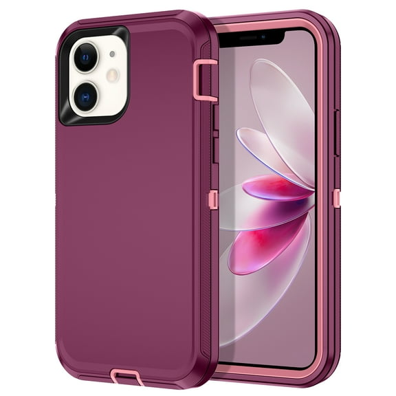 I-HONVA For iPhone 12/iPhone 12 Pro Case,3-Layer Military Grade Drop Protection Anti-Slip Bumper Rugged Shockproof Dustproof Protection 6.1 inch Phone Case,Deep Purple Pink