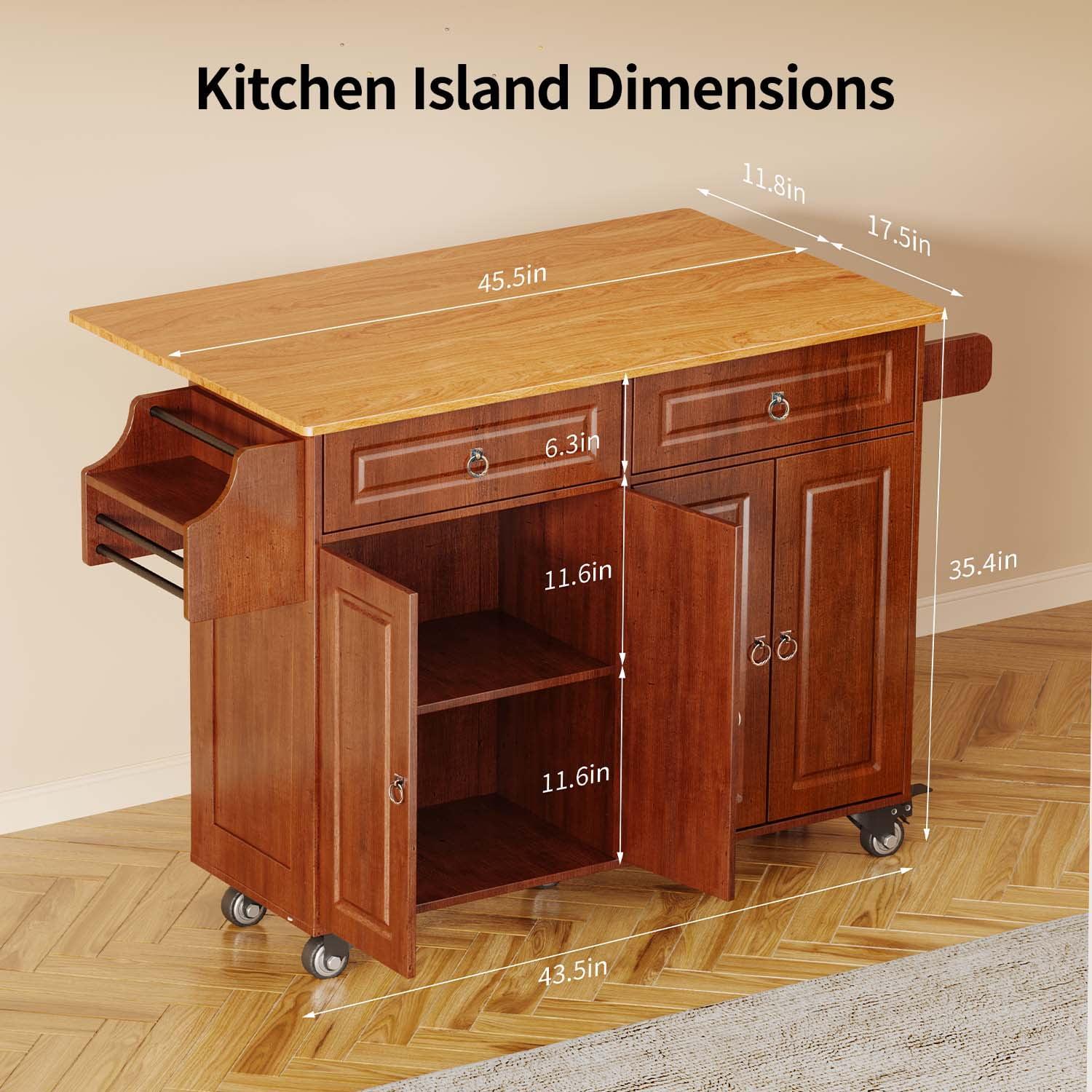 Lofka Kitchen Islands Carts with Storage, 52” kitchen Islands with 2 Storage Cabinet, Spice Rack, Towel Rack, Brown