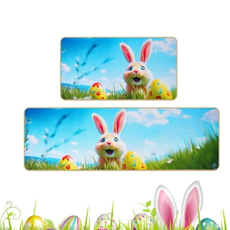 

TangFee Easter Kitchen Bunny Mats Set of 2 Easter Spring Rabbit Egg Mat for Home Decor Kitchen Floor Rugs 16x30Inch and 16x47Inch Blue C43