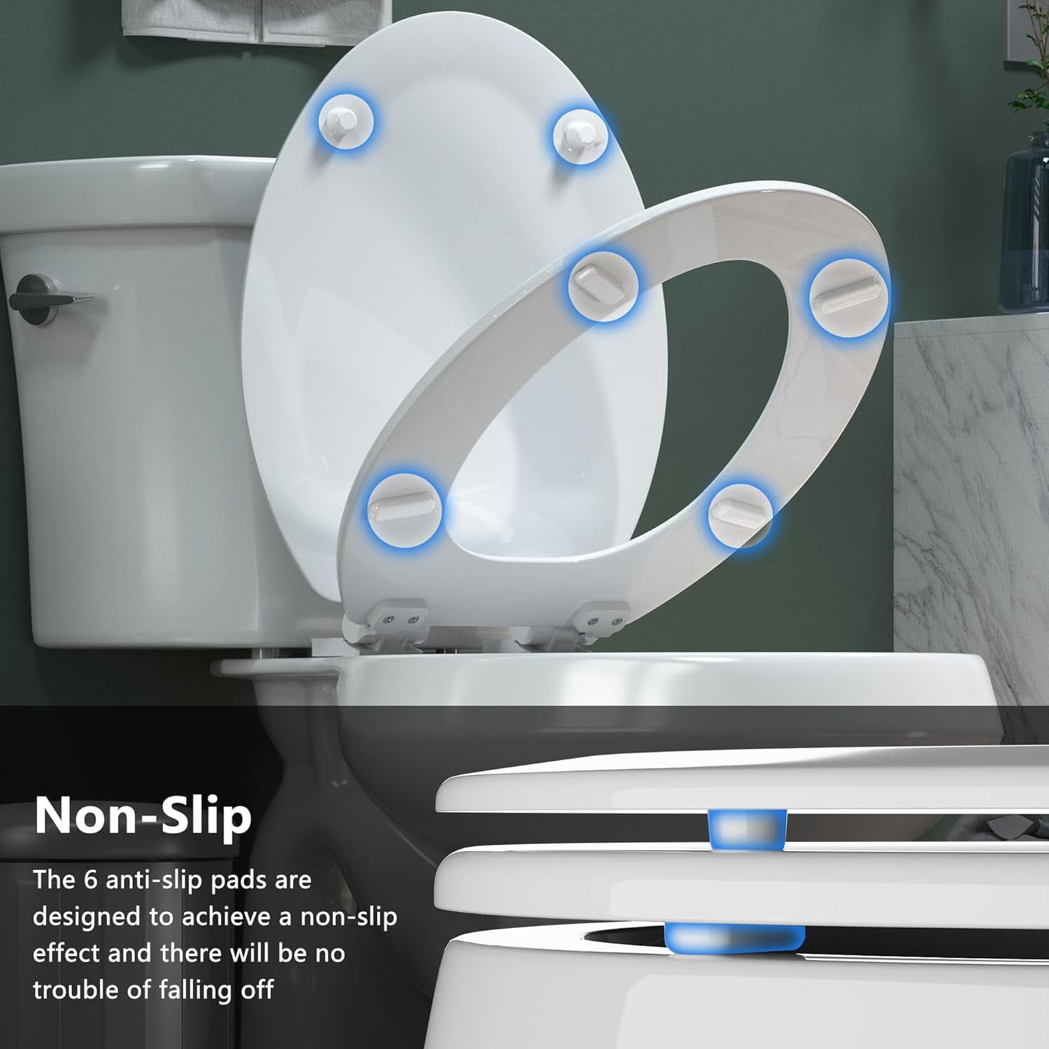 Elongated Toilet Seat  Quiet-Close Molded Wood Toilet Seat with Non-Slip Adjustable Hinges, Anti-Pinch Bumpers, Easy Install & Clean（White, Elongated 18.5''）