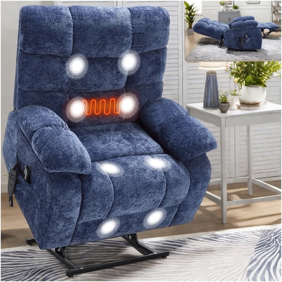Power Lift Recliner Chair with Heat and Massage, Dual Motor Infinite Position Reclining, 350 LB Capacity, Electric Power Lift Assist, Medium-Firm Chenille Upholstery, Blue