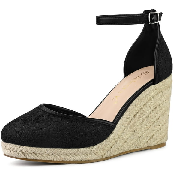 BLISSFUL STEP Women's Espadrille Platform Heel Lace Wedge Heels Sandals Black (Size 7)