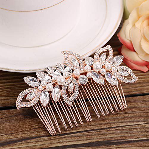 2 uds. De peinetas para boda, damas de honor, niñas, diamantes de imitación, hoja de cristal, oro rosa, tobogán para baile de graduación, accesorio para el cabello (oro rosa)