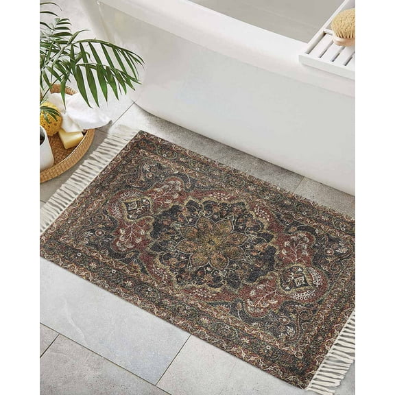 Retro Boho Bath Rug 2x3ft Woven Bathroom Entryway Runner Rug,Modern Geometric Abstract Art Aesthetics Washable Living Room Hallway Bedroom Kitchen Carpet with Tassels,Indoor Outdoor Throw Doormat