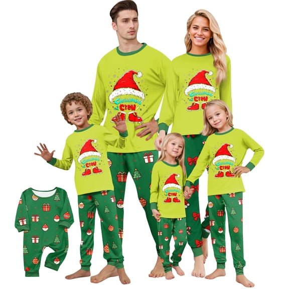 Onlypjs Family Christmas Pajamas Matching Sets Santa Crew Printed Green Holiday Sleepwear for Couples, Men and Women