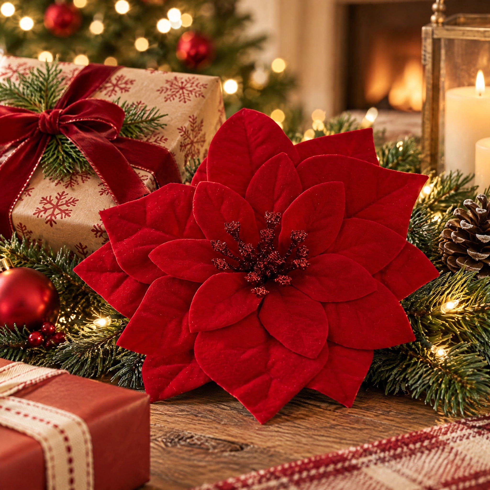 Red Velvet-Feel Poinsettia Mini Christmas Clip Ornament, 4", by Holiday Time