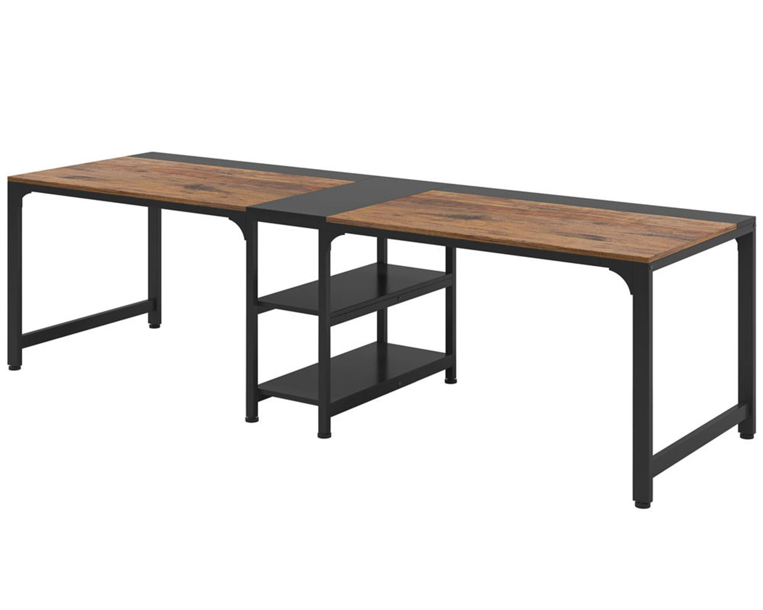 Demi Bonn 90" Industrial Two Computer Desk with Storage Shelves, Modern Double Study Writing Gaming Table for Home Office, Brown