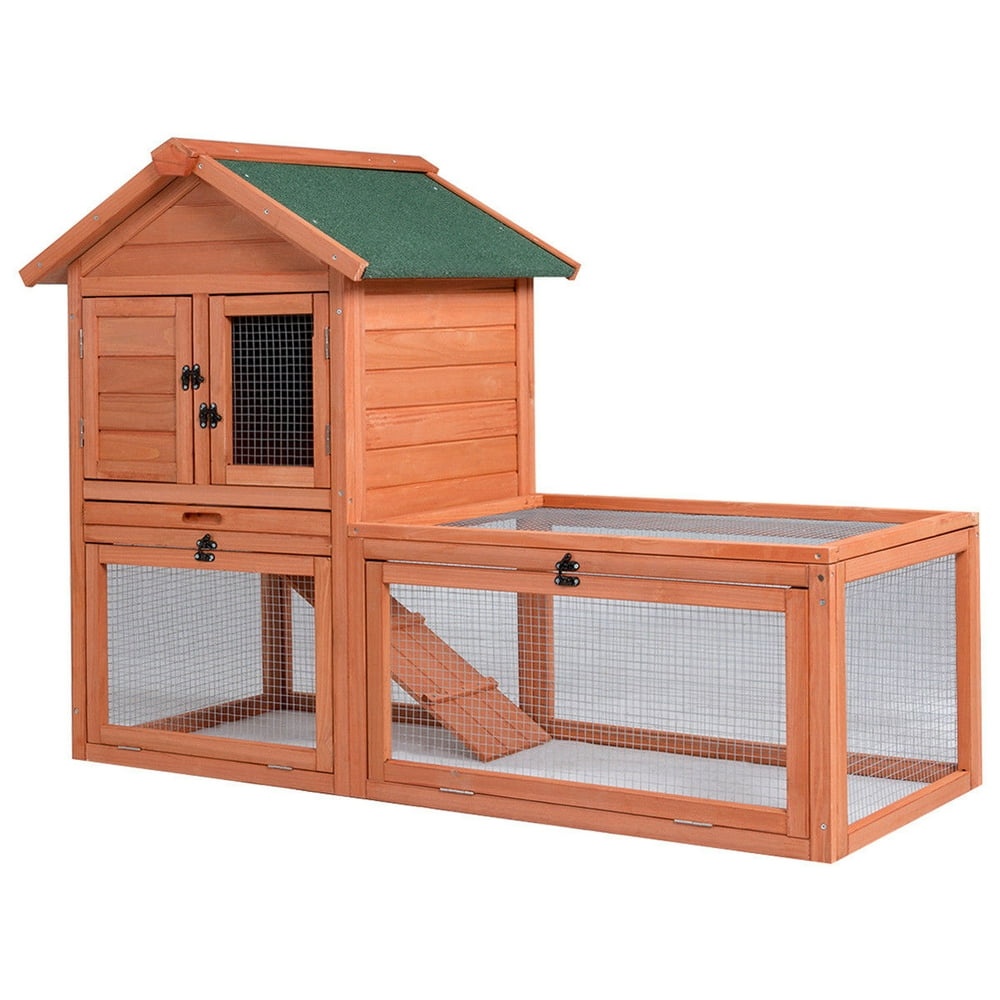 Gymax Pet Wooden House Rabbit Hutch Bunny Chicken Coops Cages with Tray