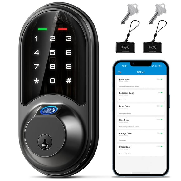 Veise Smart Lock, Cerradura de puerta con huella digital, Cerradura de puerta de entrada sin llave 7 en 1 con control de aplicación, teclado electrónico con pantalla táctil, cerrojo inteligente, cerra
