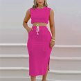 thumbnail image 4 of Women's 2 Piece Outfits Clearance Women's Summer Comfortable And Gentle Solid Sleeveless Top With Half Length Skirt Set Wide Leg Pants, 4 of 4