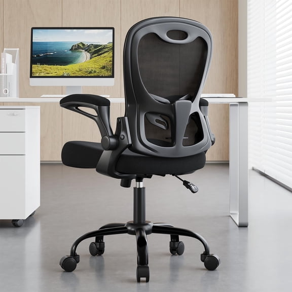 Black Ergonomic Mesh Office Chair With Lumbar Support, Flip-Up Armrests, High Back, 330 Lbs Capacity For Home Or Work