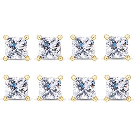 Paris Jewelry 18k Yellow Gold 3Ct Princess Cut White Sapphire Set Of Four Stud Earrings Plated