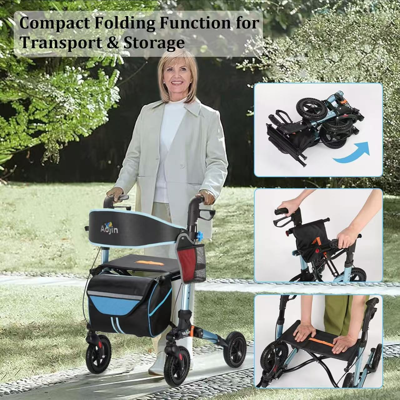 Aukfa Foldable Rollator Walkers with Seat,8" Big Wheels All Terrain Rolling Walker for Seniors,Blue