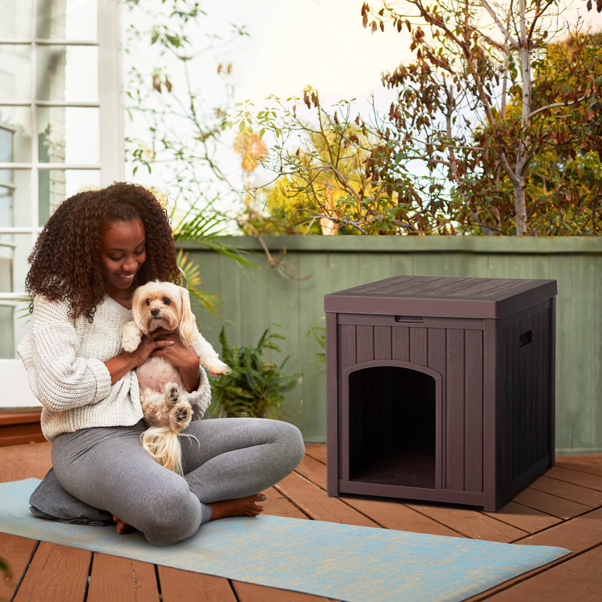 ZYJOYY Outdoor Cat House Weatherproof for Cats, Resin Plastic Kitty Shelter with Openable Flip Lid & Elevated Floor, Indoor Outdoor Cat House for Stray Cats, Easy to Clean, Brown