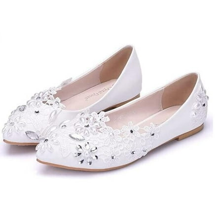 

Women s Flowers Pointed Toe Flats Bridal Rhinestone Pearl Wedding Shoes Size 4.5