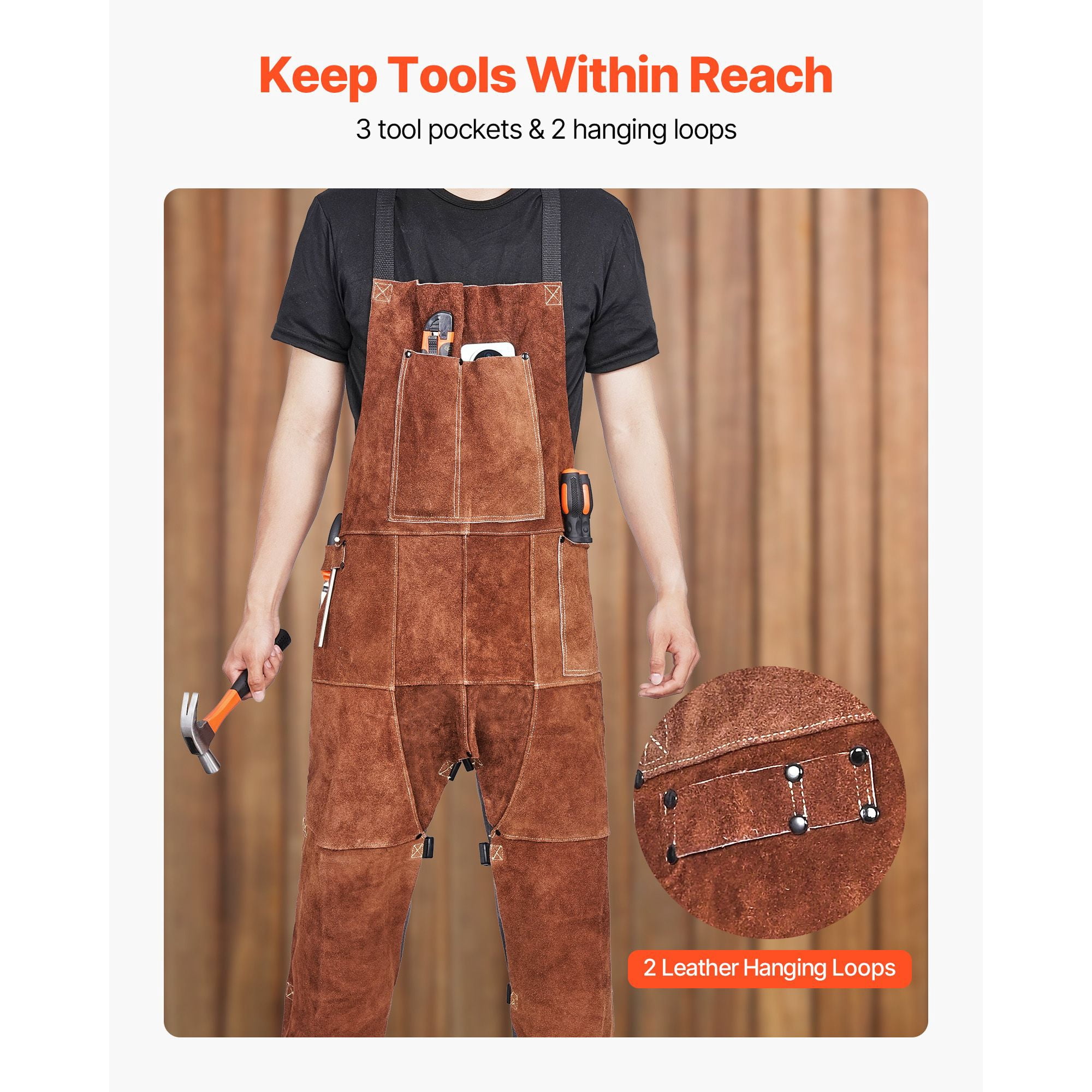 Welding Apron Split Leg, Heavy-Duty Cowhide Leather with Kevlar Thread, 24x52 Inch Full Coverage, 3 Pockets + 2 Leather Hanging Loops, Cross-Back Straps