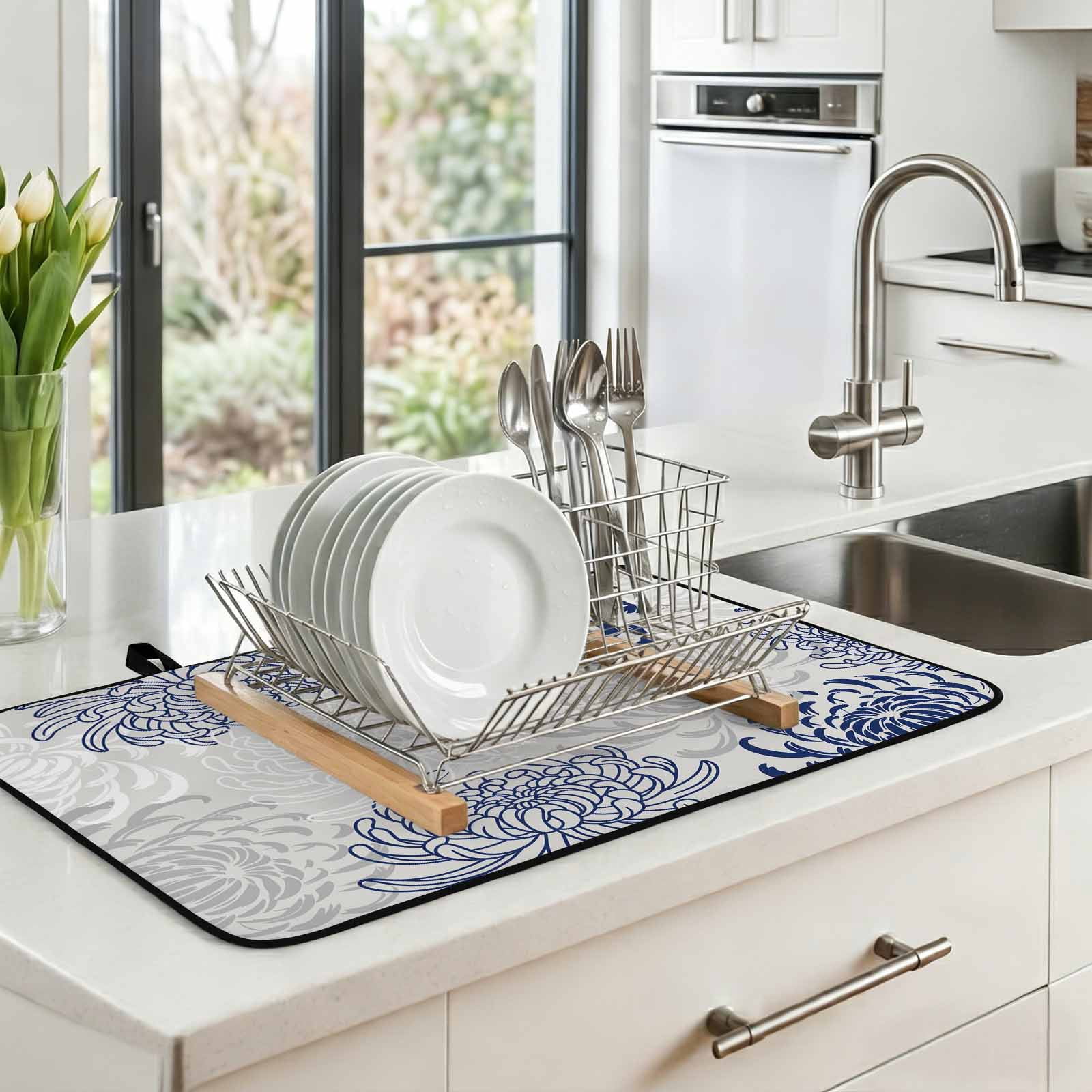 Blue White Stove Top Cover for Electric Stove, Heat-proof & Non Slip Glass Top Stove Cover Protector, Abstract Grey Chrysanthemum Flower Floral Kitchen Flat Cooktop Rubber Mat 36x21 Inches