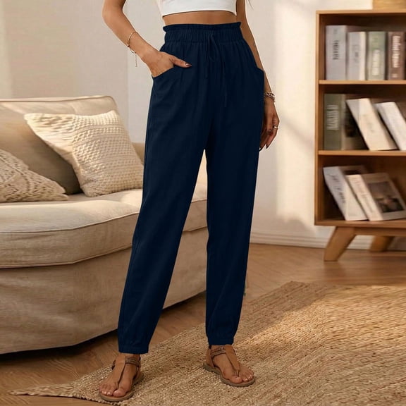 Linen Cotton Pants for Women High Waisted Paperbag Trousers Drawstring Elastic Waist Tapered Summer Casual Beach Breathable Bottoms