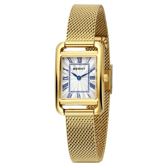BERNY Gold Watches for Women, Dainty Stainless Steel Mesh Bracelet Watch, Rectangular Case Roman Dial, Sapphire Crystal, Waterproof, Luxury Ladies Analog Quartz Wrist Watch Gifts (Gold-Blue Hand)