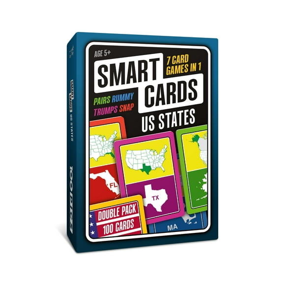 SMART CARDS US States, 7 games in 1, Pairs, Snap, Trumps, Rummy, Quiz, Learn Facts, Travel Game, Gift, Stocking Stuffer, 100 Cards, Age 5+, 1-8 Players