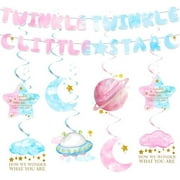 Twinkle Twinkle Little Star Party Decorations Gender Reveal Birthday Banner and Space Themed Swirls Decor with "How We Wonder What You Are" Decoration Blue Pink for Boy Girl Baby Shower Supplies