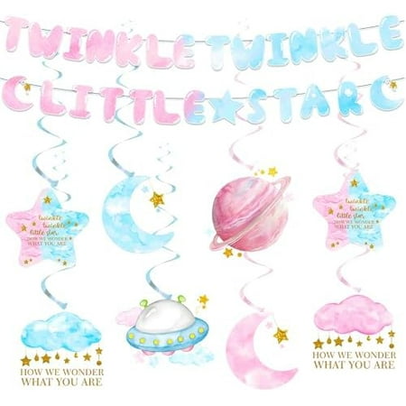 Twinkle Twinkle Little Star Party Decorations Gender Reveal Birthday Banner and Space Themed Swirls Decor with "How We Wonder What You Are" Decoration Blue Pink for Boy Girl Baby Shower Supplies