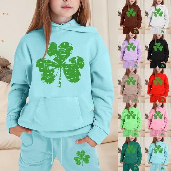 CHENge Outfit 3-12 Years Girl St. Patrick's Day Children's Middle and Large Children's Long Teen Girl Sweatpants and Hoodie Pant Set