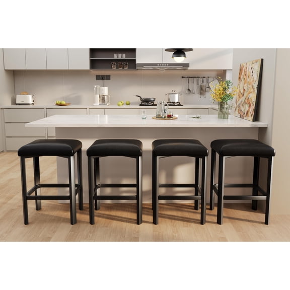 Accreate 24" Bar Stools Set of 4, Bar Chairs with 5cm Thick PU Leather Upholstered, Kitchen Chairs, Heavy Duty Metal Frame Base, Easy Assembly for Kitchen Island, Bar Counter