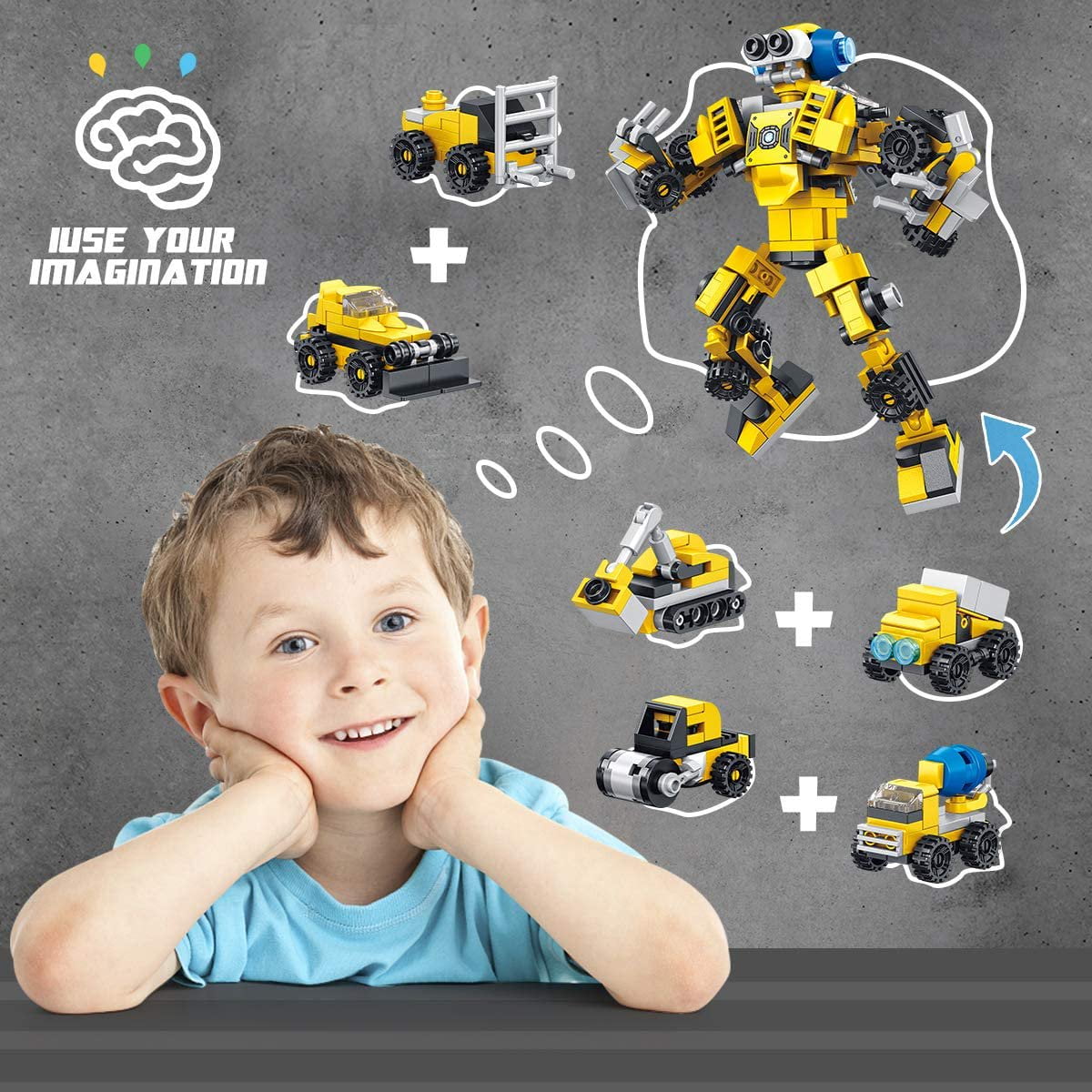 Robot Building Toys Set 6-in-1 649 Pieces Engineering Vehicles