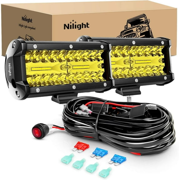 Nilight Led Light Bar 2PCS 6.5 Inch Amber 120W Spot Flood Combo 12000LM Waterproof Triple Rows Off Road Fog Lights with 16AWG Wiring Harness Kit-2 Lead, 2 Year Warranty