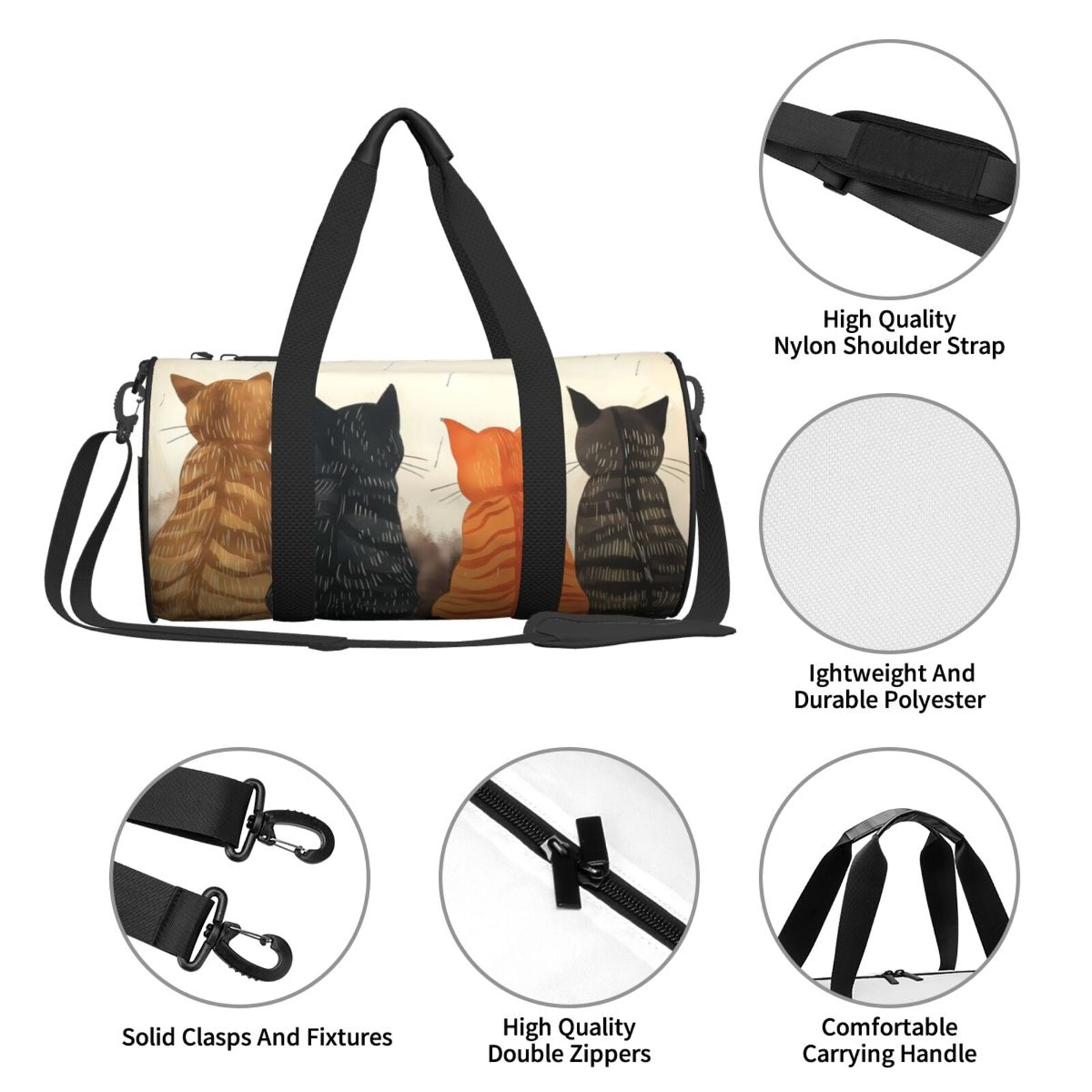 Vsdgher Four Cats Watching Rain 45L Foldable Duffel Bag, Sports Gym Bag,Overnight Bag, Portable Weekender Bag for Airplanes