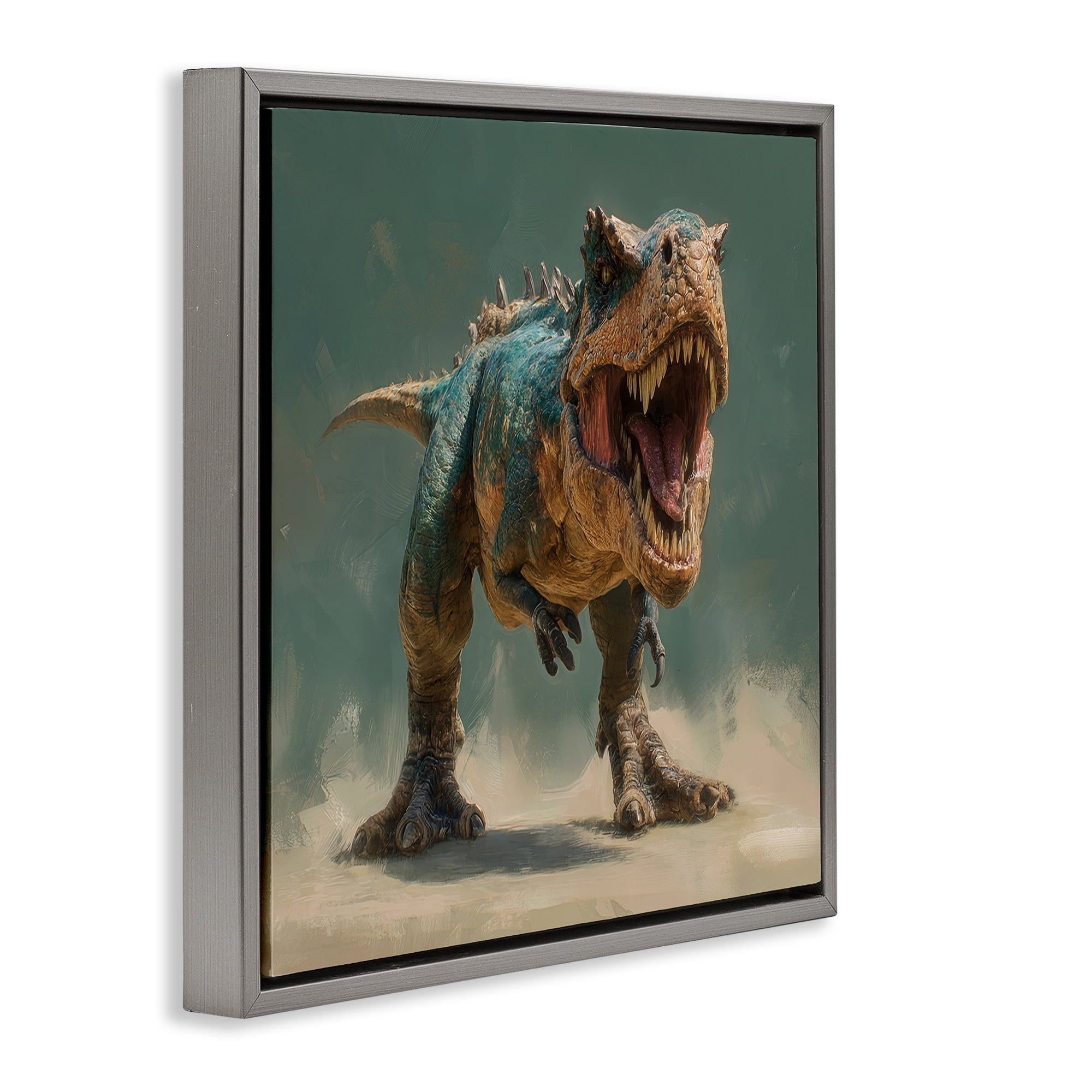 Stupell Industries Roaring T-Rex in Green Gray Framed Floater Canvas Wall Art, design by Wumples