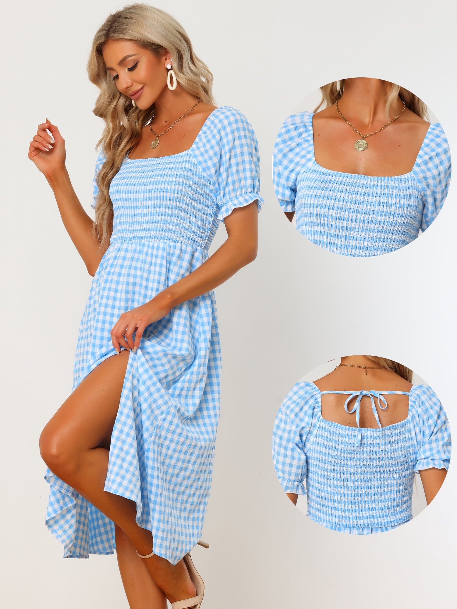 DARING DIVA Puff Sleeve Square Neck Gingham Dress M Light Blue